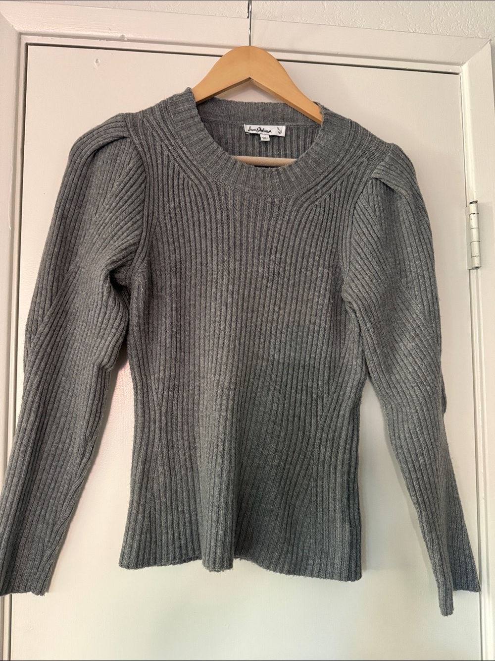 Sam Edelman Grey Ribbed Puff-Shoulder Crewneck Sweater